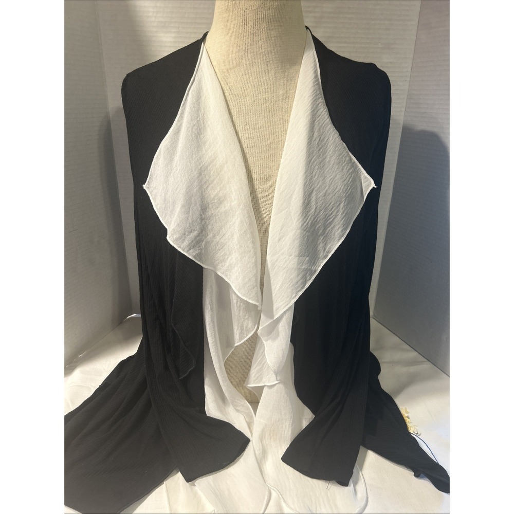 Pebble & Stone Black Ribbed Cardigan Open Front White Chiffon Waterfall Front SM